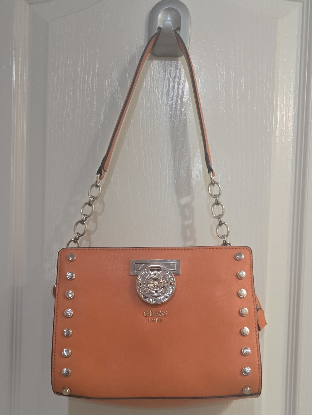 Guess 1981 Marlene Studded Top Zip Shoulder Bag Vibrant Orange GUC
